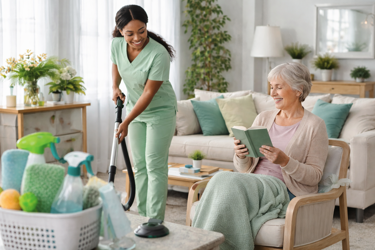 A woman with long hair, wearing a white t-shirt and yellow cleaning gloves, is cleaning a window with a cloth. Sunlight streams through the window, illuminating her smile and the indoor plants nearby.